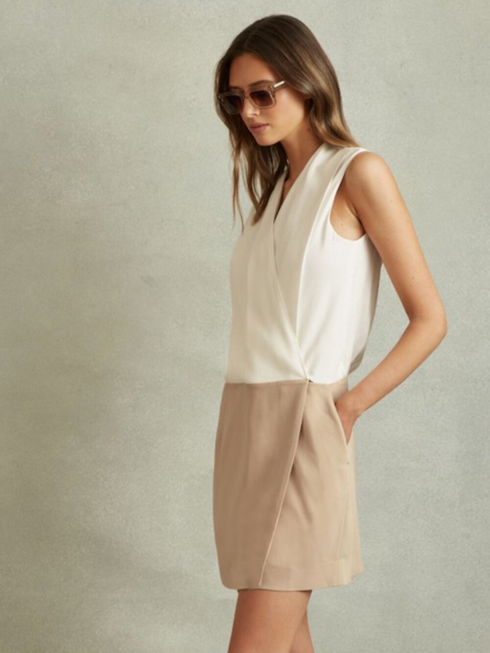 NWT Reiss Vie Nude/Ivory Wrap-Front Shift Dress – US 2 / UK 6